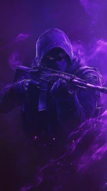 Hooded armed figure in purple vapor with tactical weapon.