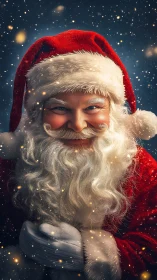 Smiling Santa Claus in red suit under falling snowflakes.