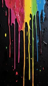 Vertical multicolor paint drips over rough black surface.