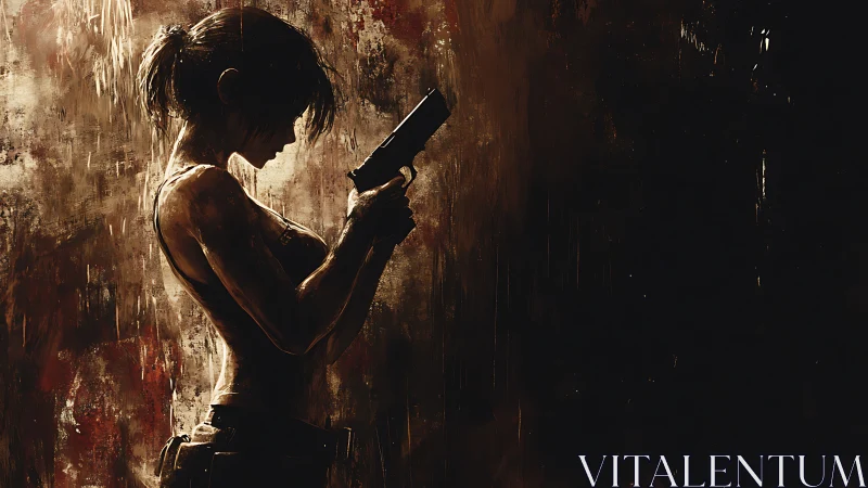 Digital painting profile study of armed female silhouette underlit.