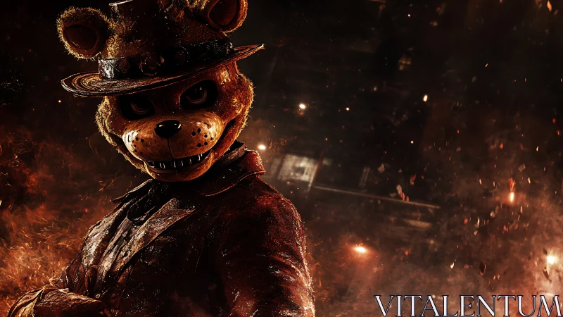 Sinister bear in ember-lit night, dressed to unsettle.