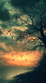 Silhouetted tree and birds drift across a burning sunset sky.