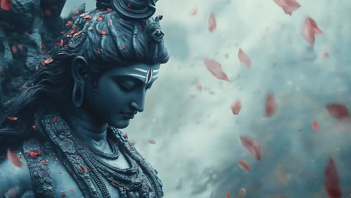 Divine blue deity statue in serene falling petals haze.