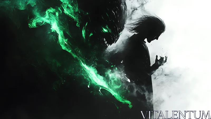 Dark silhouette confronts spectral beast amid green energy