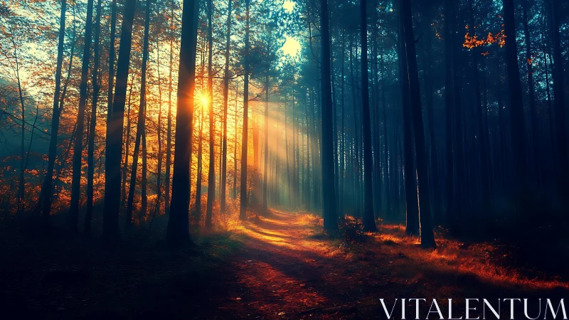 Sunlit forest path with golden hour illumination through tall trees.