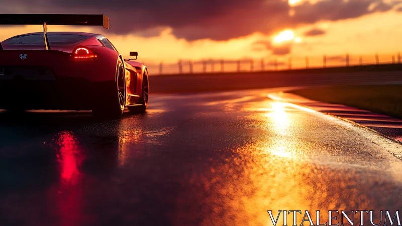 Racing supercar glows on wet track at vivid sunset.