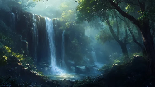Luminous Waterfall Cathedral: Where Mist Dances with Cascading Light.
