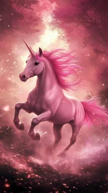 Radiant pink unicorn gallops through a glowing enchanted forest