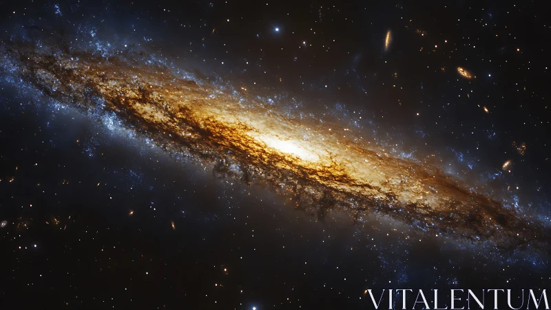 Edge-on spiral galaxy glows with golden core and blue halo.