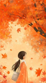 Girl in orange coat under autumn foliage in profile view.