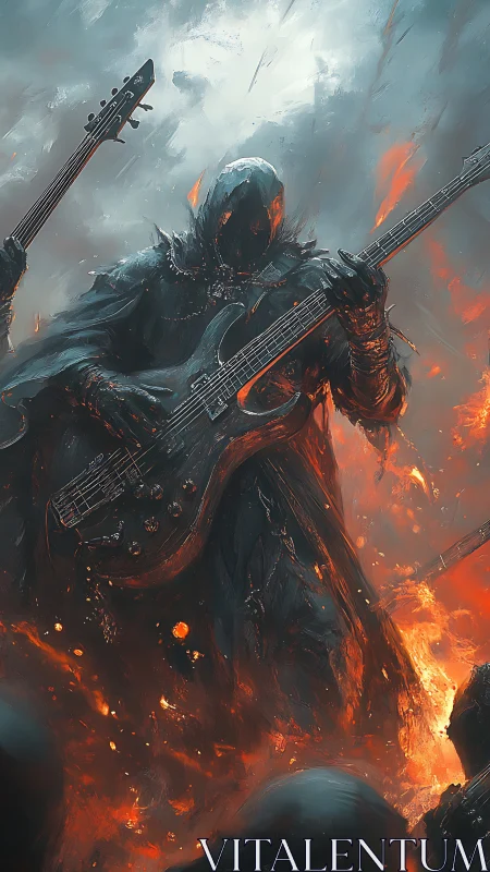 Hooded demon guitarist plays heavy metal in firestorm