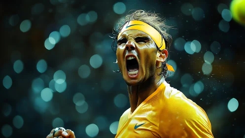 Male tennis player shouts during match under defocused lights