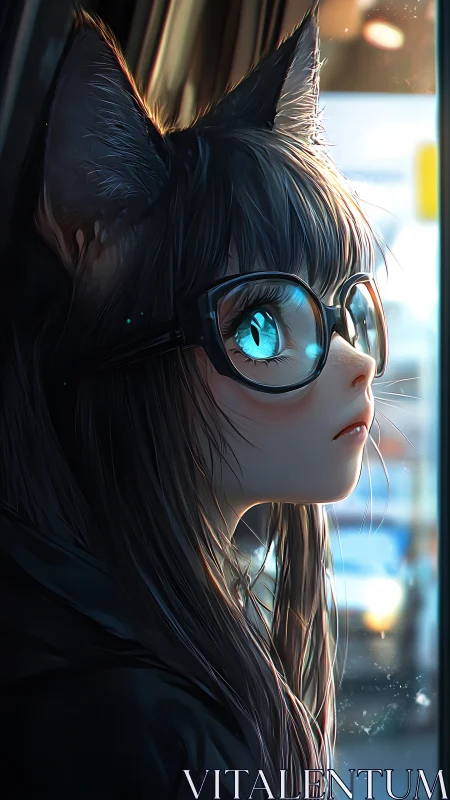 Cat-eared girl gazes through window in glowing city dusk.