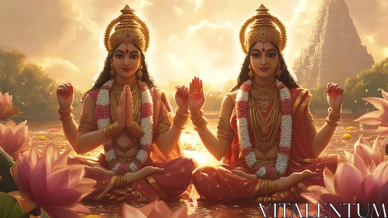 Twin Hindu goddesses seated on lotus flowers in river setting.