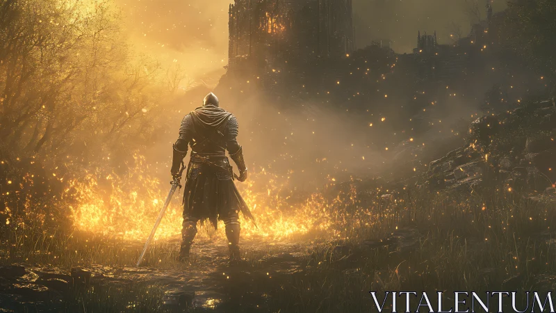 Armored warrior confronts burning ruin in atmospheric backlight