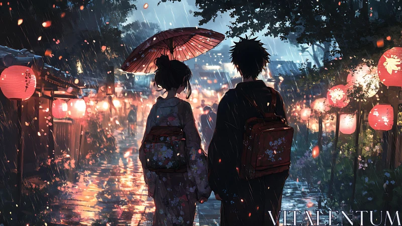 Rain-soaked lantern street hums as two quiet hearts align