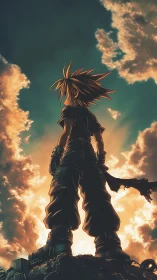 Heroic anime silhouette under dramatic backlit sky composition.