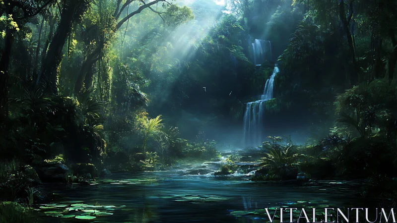 Cascading waterfall in dense jungle with heavenly light rays