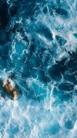Overhead view of turbulent seawater and exposed rock formation.