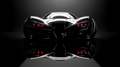 Rear-lit hypercar render with high-gloss reflections and red LEDs