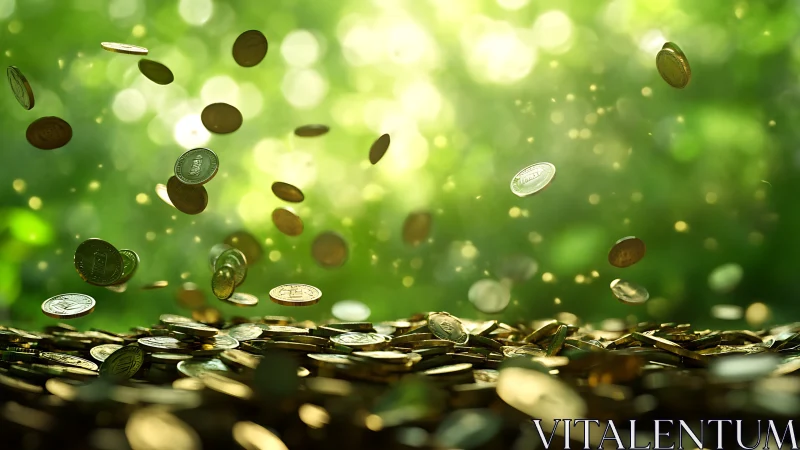 Golden coins cascade over blurred green bokeh background