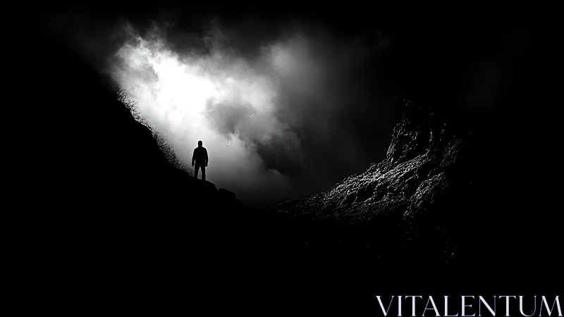 Silhouetted wanderer on misty ridge in stark monochrome.