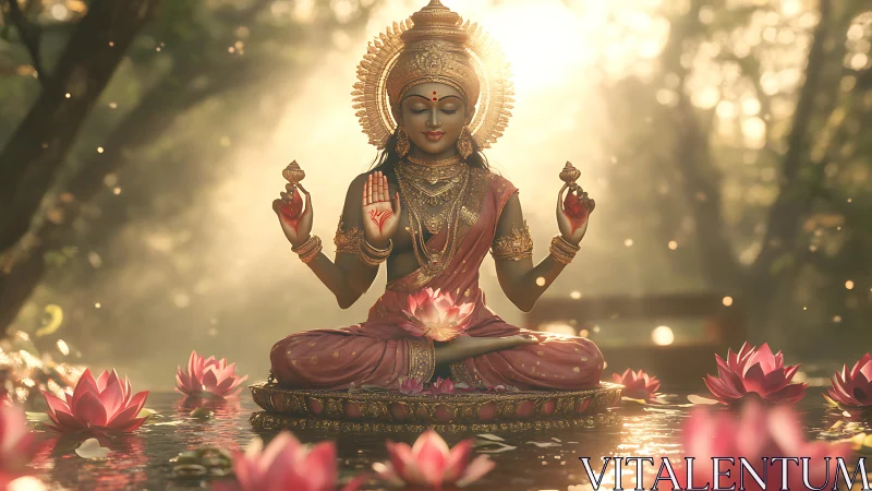 Digitally rendered goddess statue meditates amid backlit lotus pond