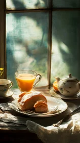 Sunlit rustic breakfast still life with croissants and tea