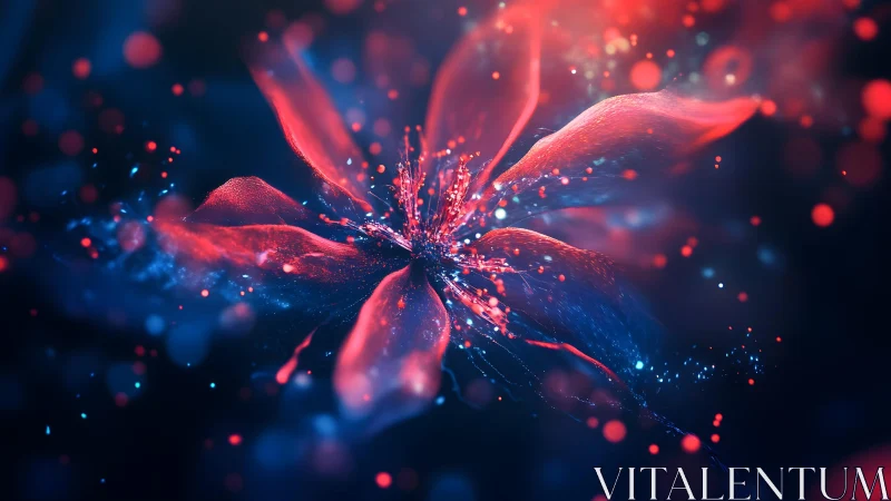 Abstract glowing flower in vivid blue and red bokeh digital art.