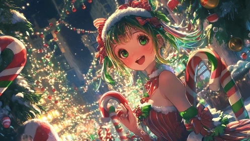 Vibrant anime girl in illuminated Christmas market with candy canes.