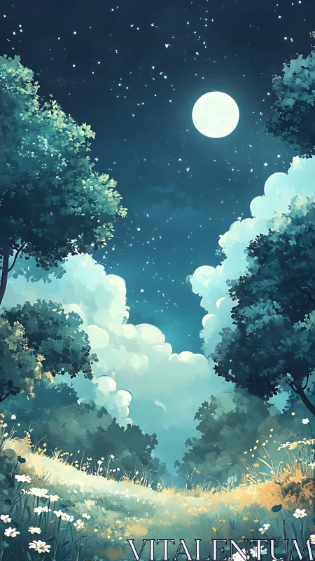 Nocturnal Forest Landscape with Full Moon and Cloud Formation