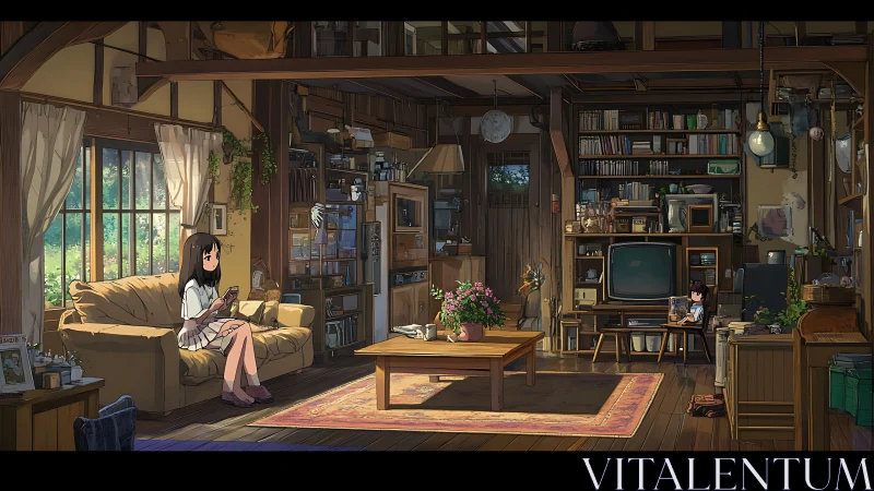 Interior view of cluttered living room with two figures.