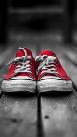 Red sneakers rest on weathered boards in selective color focus.