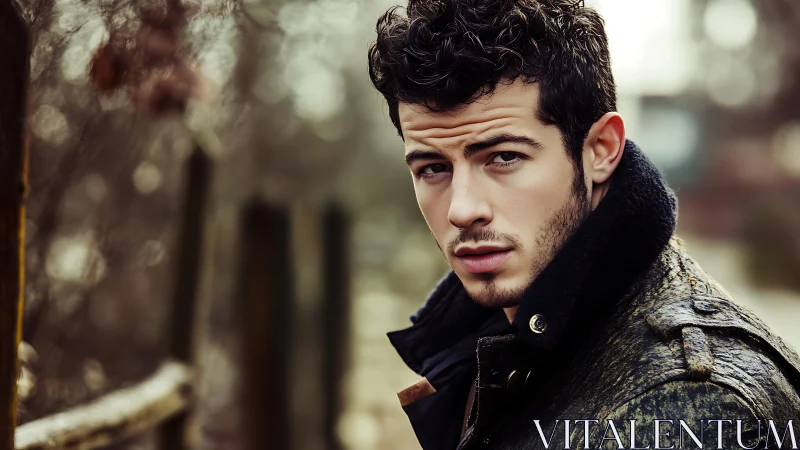 Moody outdoor portrait captures young man in rugged coat