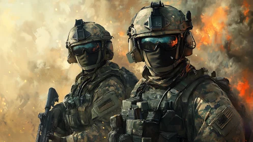 Modern tactical soldiers amid blazing battlefield chaos.