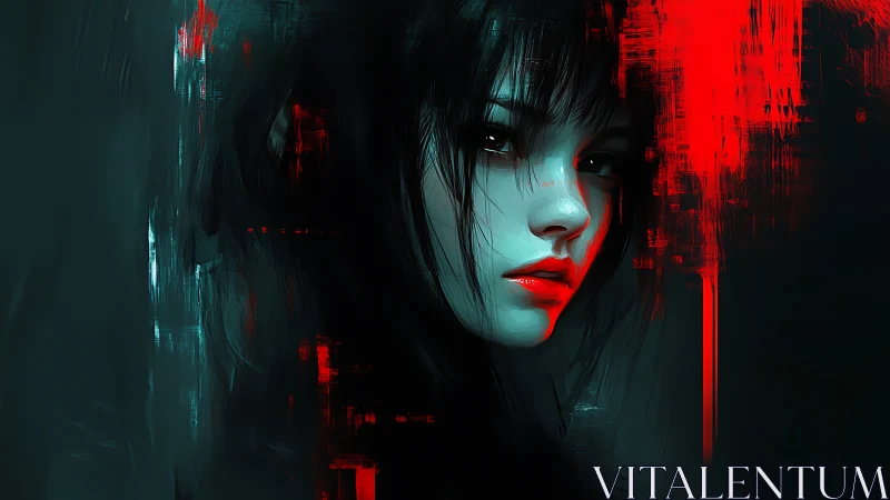 Crimson glitches kiss a cyan-lit girl in digital twilight