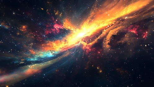 Stellar firestorm unfurls across a painted cosmic night.