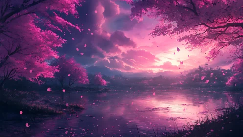 Digital sunset landscape shows pink foliage over still lake