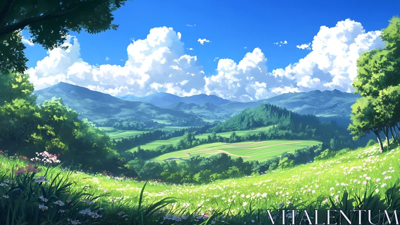 Mountain valley landscape shows sunlit fields and wildflowers