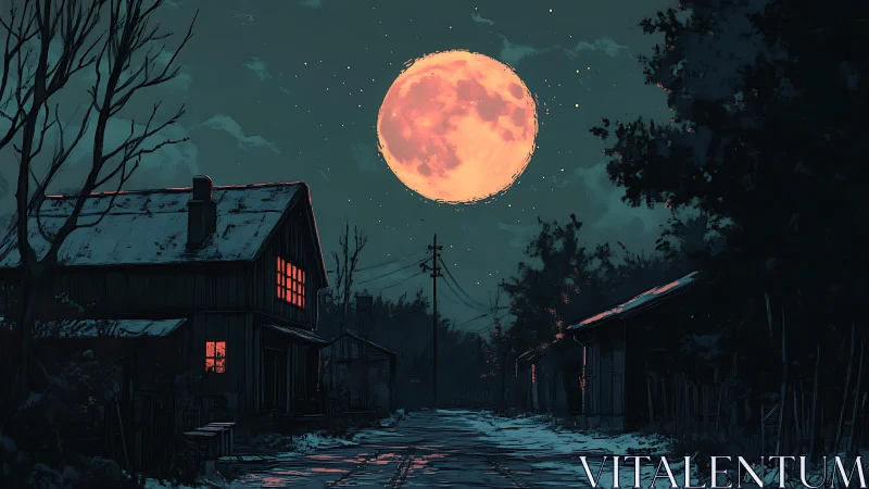 Midnight village road under a glowing harvest moon.
