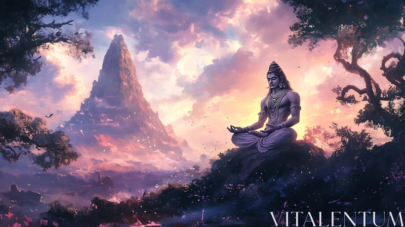 Meditating deity before luminous mountain at twilight.
