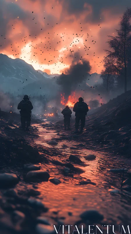 Infantry patrol in burning alpine valley at dusk, HDR lighting