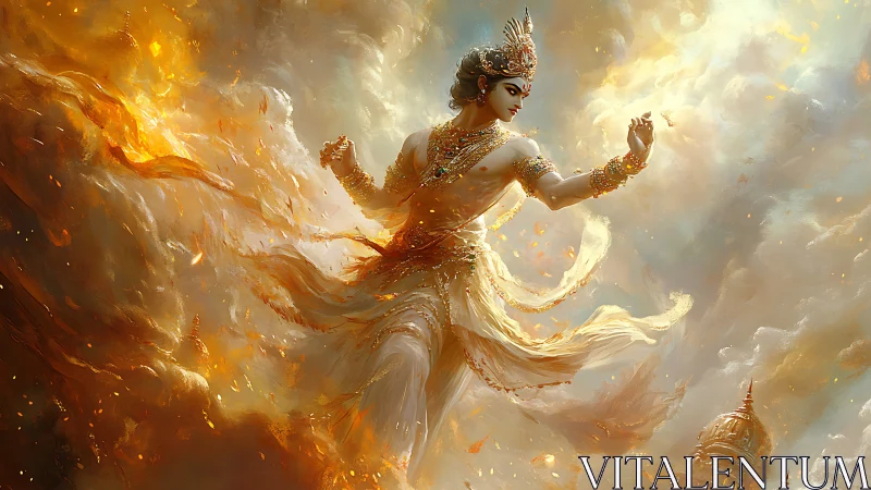 Divine figure in flowing garments amid luminous clouds.