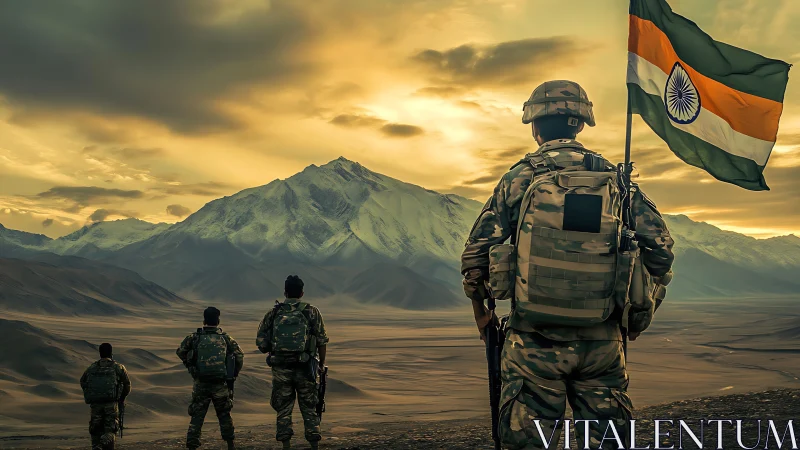 Indian soldiers on mountain terrain with national flag at dusk.