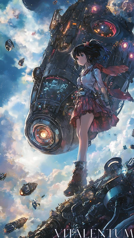 Sky-striding star girl above a drifting mech armada.