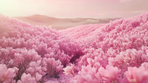 Soft sunrise drifting over endless pink flower hills.