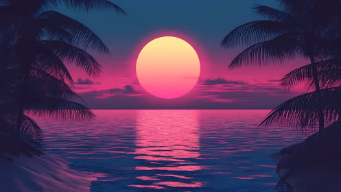 Synthwave style tropical shoreline under oversized sunset orb.