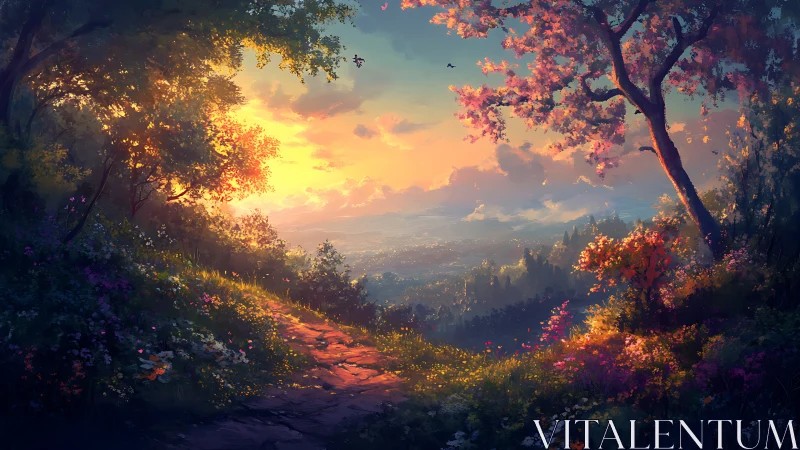 Sunlit forest path above valley under glowing sunset sky.