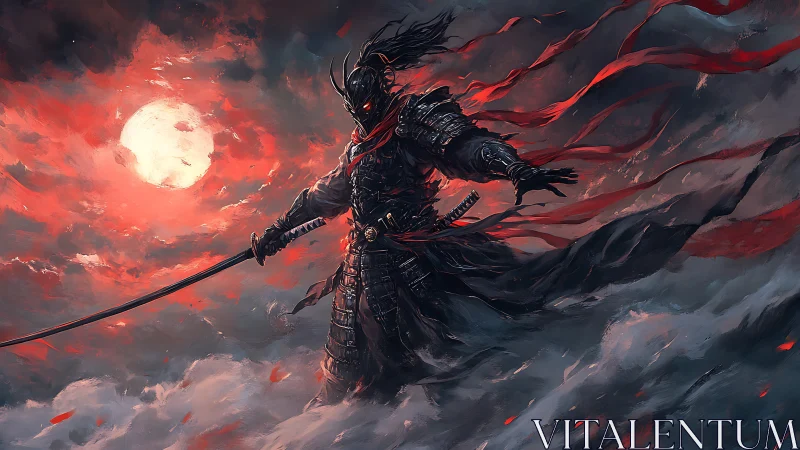 Dark samurai warrior strides through bloodred storm clouds.