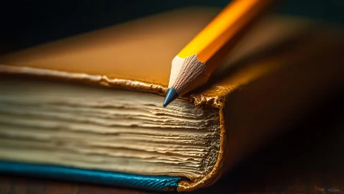 Close-up pencil resting on worn book pages in warm light